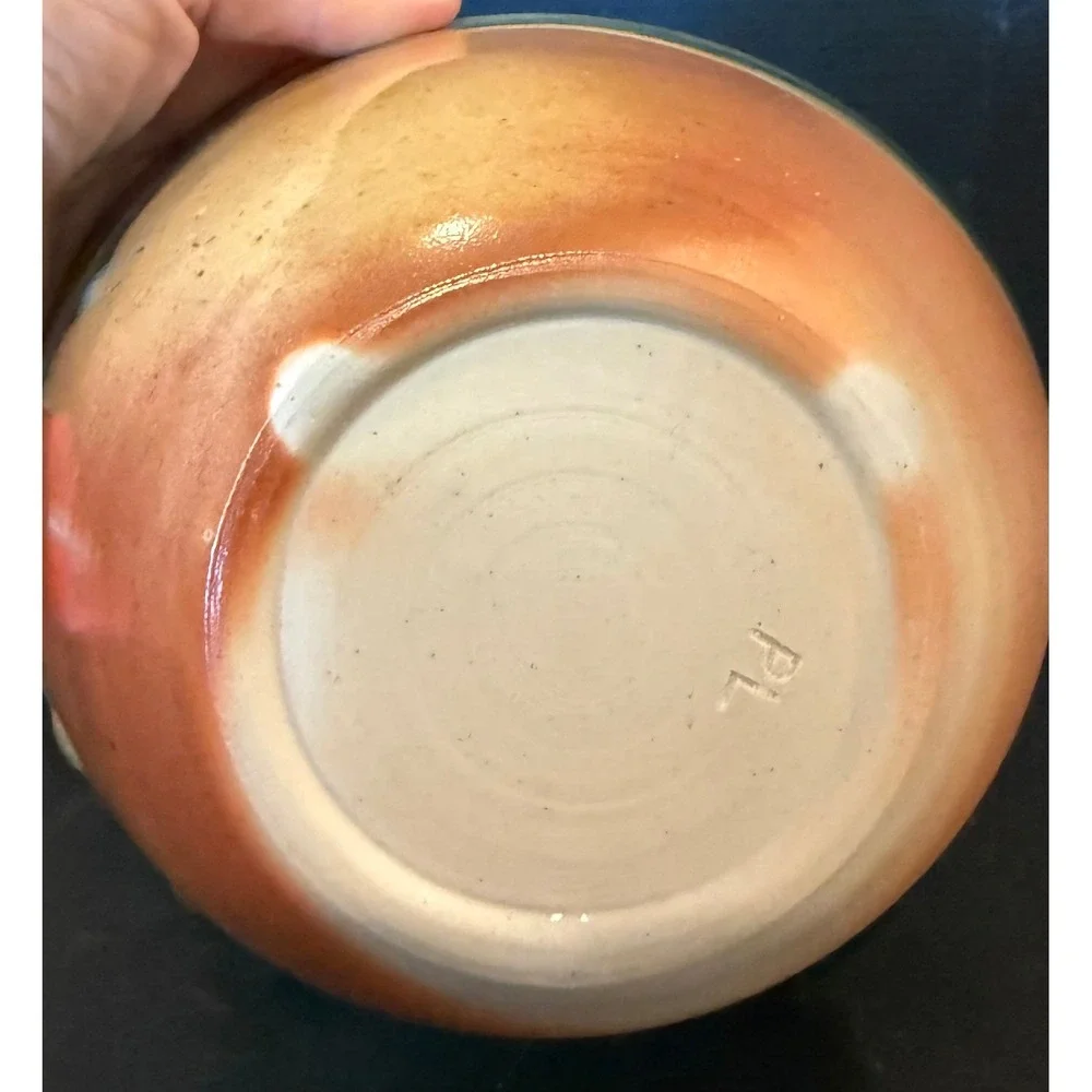 Studio Art Pottery Handcrafted Ceramic Bowl Green Terracotta Glaze Swirl Signed